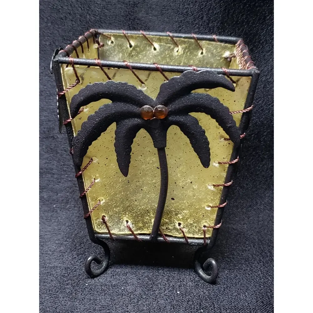 Vintage Palm Tree Stitched Rawhide Decorative Votive Candle Holder